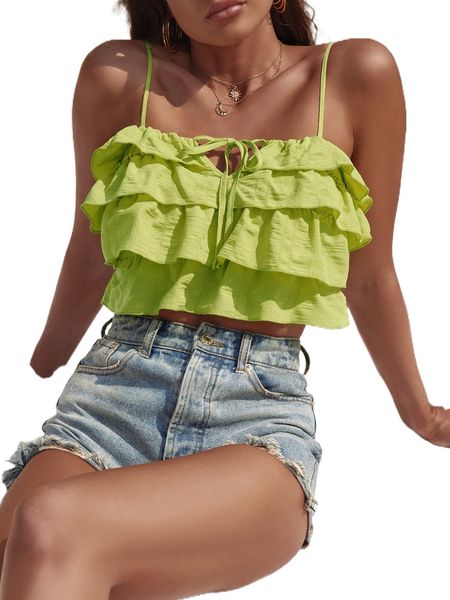 knot front layered ruffle trim crop cami r8mp#, White