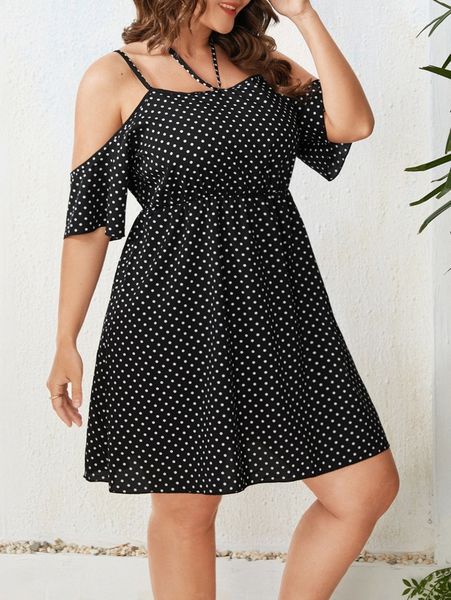 plus polka dot cold shoulder butterfly sleeve dress w5ex#, Black