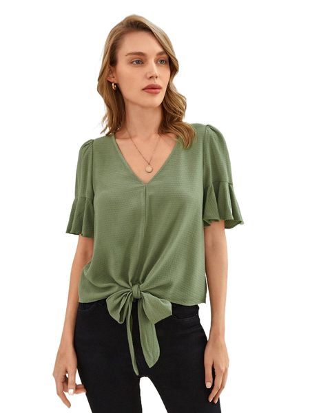 solid flounce sleeve knot hem s7p0#, White 
solid flounce sleeve knot hem s7p0#, White
