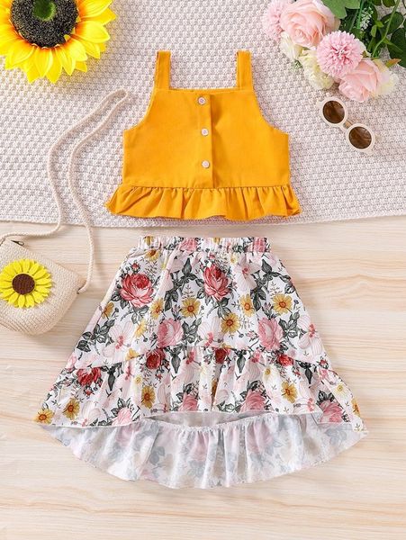little girl's front button suspender and short front and long back flower skirt she, White
little girl's front button suspender and short front and long back flower skirt she, White