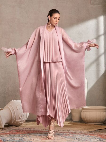solid pleated & skirt & bow detail batwing sleeve coat n0kv#, White