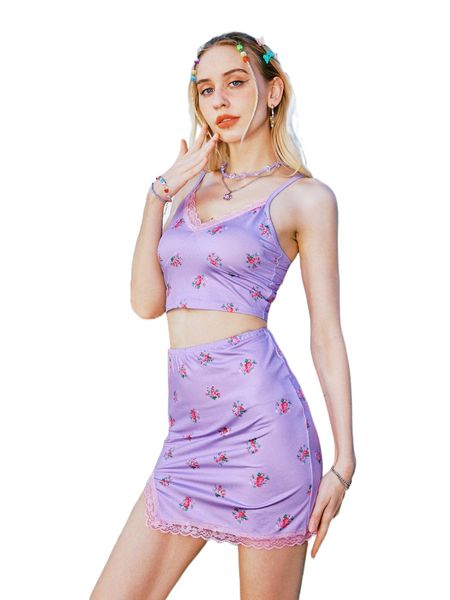 romwe y2k revival floral print contrast lace cami & skirt k28m#, White