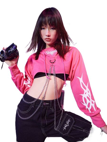 romwe cyber luvr graphic chain decor crop hoodie h9he#, Black 
romwe cyber luvr graphic chain decor crop hoodie h9he#, Black