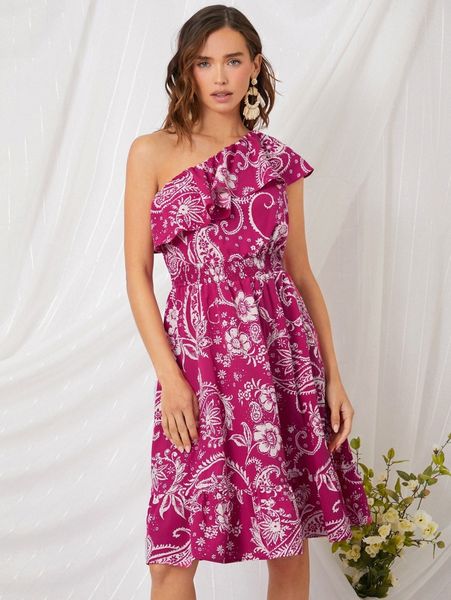 floral & paisley print one shoulder ruffle trim shirred waist dress p5sv#, Black;gray
floral & paisley print one shoulder ruffle trim shirred waist dress p5sv#, Black;gray