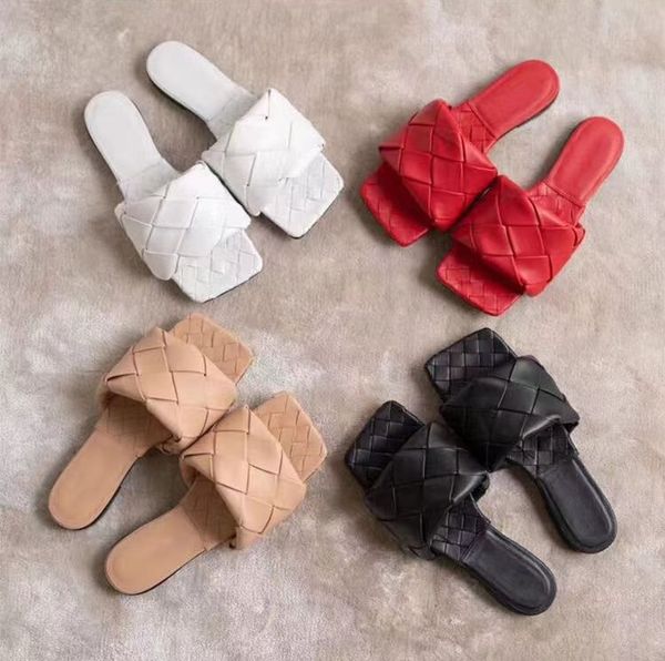 women's real leather woven slippers diamond square flat sandals, Black
