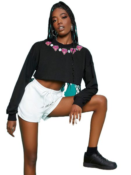 x penelope ping embroidered detail drop shoulder crop pullover n7q8#, Black 
x penelope ping embroidered detail drop shoulder crop pullover n7q8#, Black