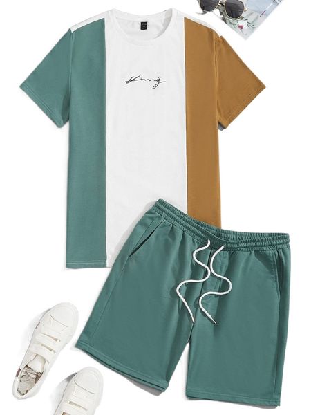 men letter graphic colorblock tee & drawstring waist shorts v6t6#, Gray
men letter graphic colorblock tee & drawstring waist shorts v6t6#, Gray