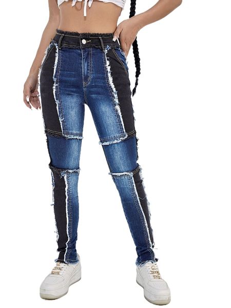 high waisted raw edge colorblock skinny jeans i2x2#, Blue 
high waisted raw edge colorblock skinny jeans i2x2#, Blue