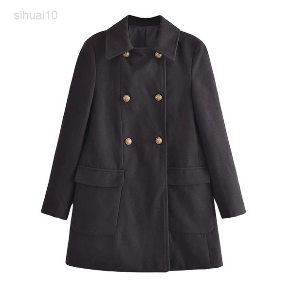women 2021 fashion double breasted loose wool coat retro long sleeves pocket women coat chic coat l220725, Black;brown
women 2021 fashion double breasted loose wool coat retro long sleeves pocket women coat chic coat l220725, Black;brown