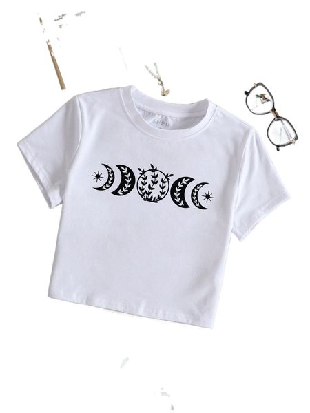 moon and plants print crop tee s80w#, White