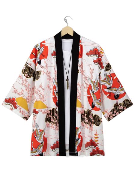 men 1pc floral print kimono 05nq#, White;black
