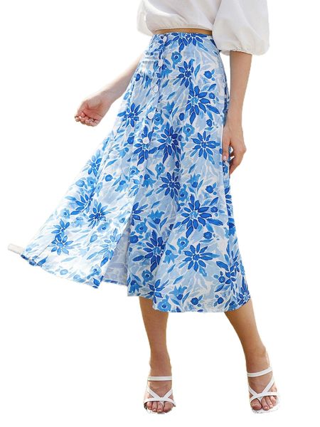 allover floral print button front skirt 00jb#, Black 
allover floral print button front skirt 00jb#, Black