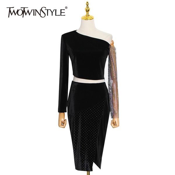patchwork diamond set for women o neck long sleeve high waist split black skirt two piece sets female 210423, White
patchwork diamond set for women o neck long sleeve high waist split black skirt two piece sets female 210423, White