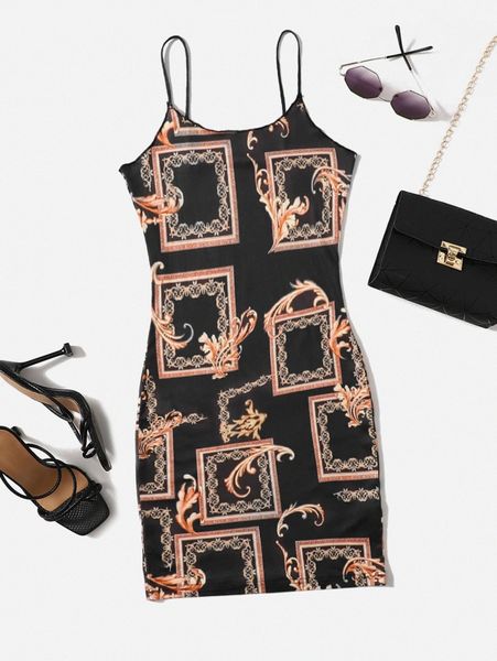 baroque print cami dress 09mj#, Black;gray