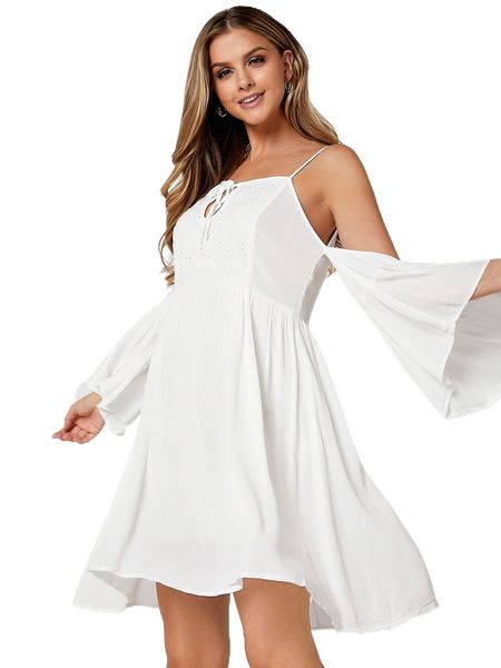 eyelet embroidery cold shoulder tie front flounce sleeve dress f6dv#, Black;gray
eyelet embroidery cold shoulder tie front flounce sleeve dress f6dv#, Black;gray