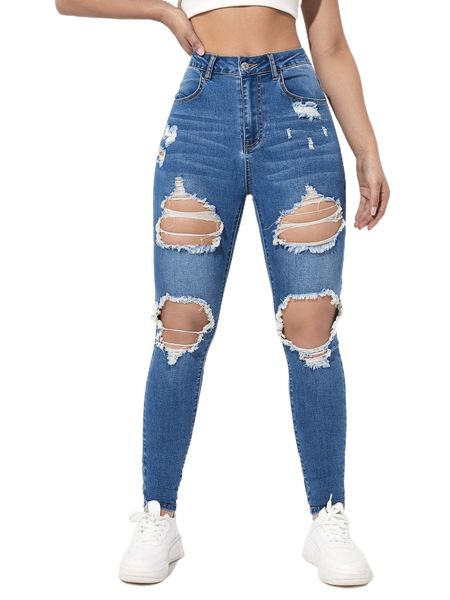 high waist ripped moustache effect skinny jeans k9bv#, Blue
