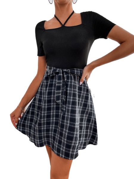 plaid tie back belted dress s4mo#, Black;gray
plaid tie back belted dress s4mo#, Black;gray