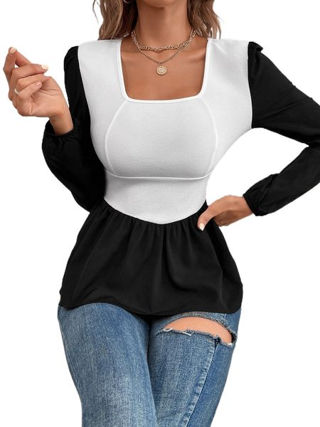 two tone puff sleeve peplum z8zp#, White 
two tone puff sleeve peplum z8zp#, White