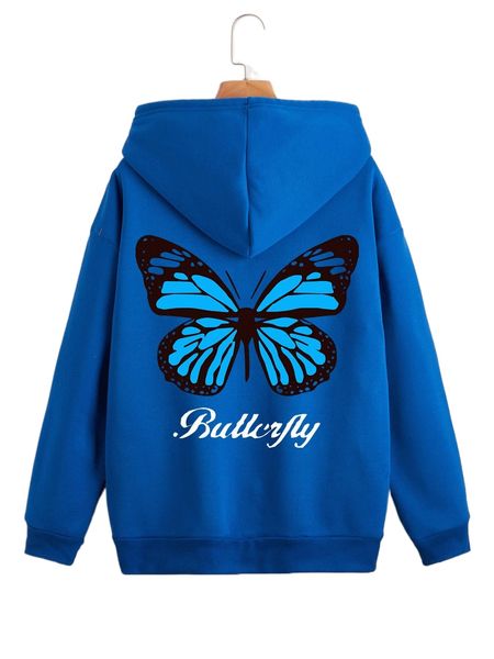 letter & butterfly print thermal lined zip up hoodie p8ro#, Black