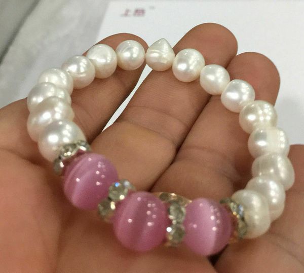 new 9-10mm white pearl akoya culture pearl and 10mm pink opal elastic bracelet, Silver
new 9-10mm white pearl akoya culture pearl and 10mm pink opal elastic bracelet, Silver