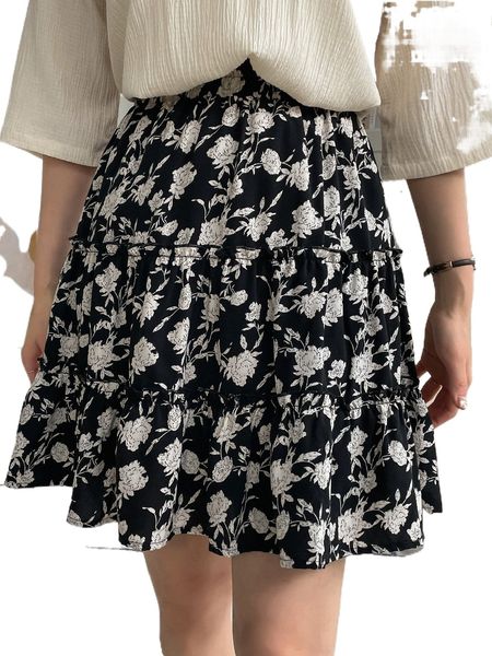 dazy floral print frill trim skirt n1o9#, Black
dazy floral print frill trim skirt n1o9#, Black