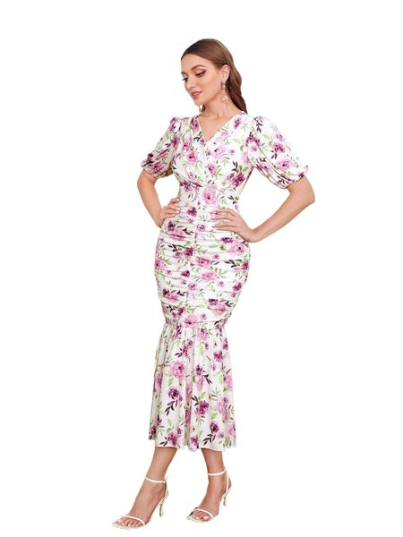 allover floral print puff sleeve ruched dress 08cf#, Black;gray