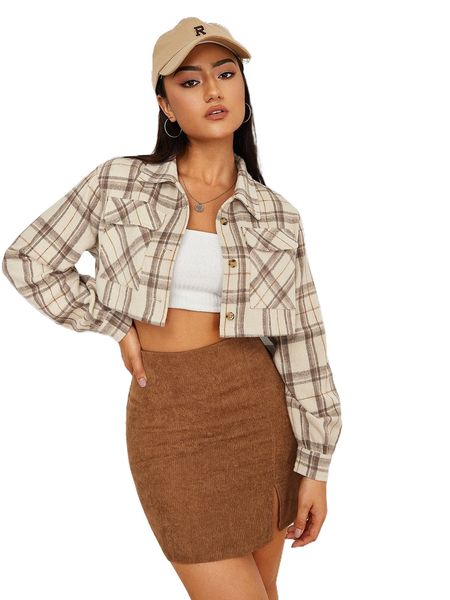plaid flap pocket crop overcoat 61xp#, Black