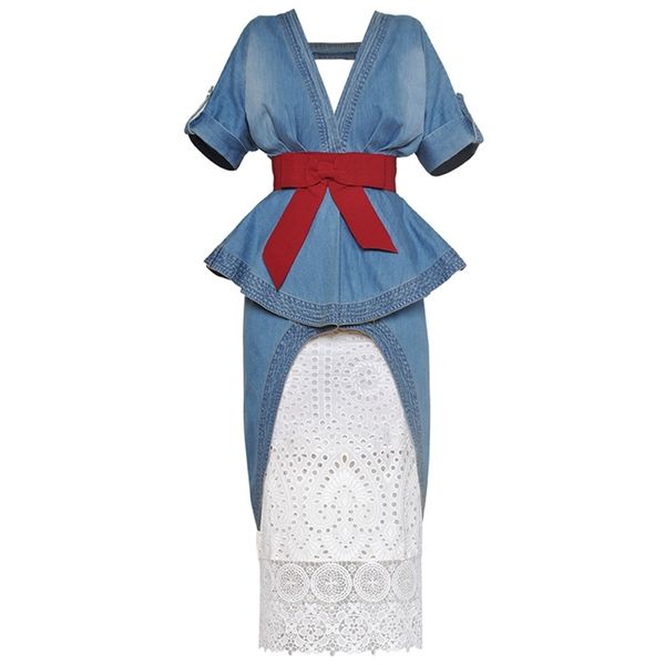 high street new fashion 2020 designer runway suit set women s stylish v neck tail denim dress lace skirt suit set 2pcs t200702, White
high street new fashion 2020 designer runway suit set women s stylish v neck tail denim dress lace skirt suit set 2pcs t200702, White