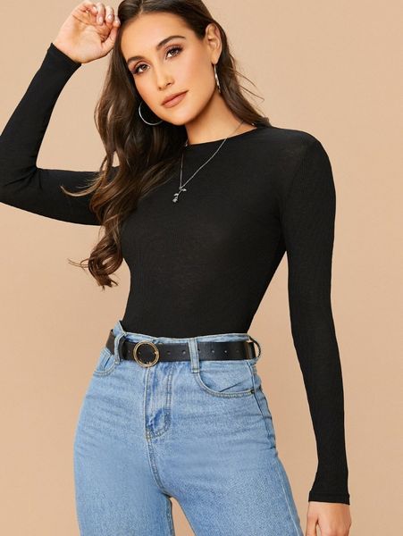 round neck rib-knit solid tee w5y2#, White