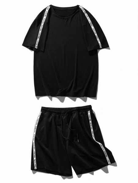 men contrast letter tape tee & drawstring waist shorts j9sy#, Gray
men contrast letter tape tee & drawstring waist shorts j9sy#, Gray