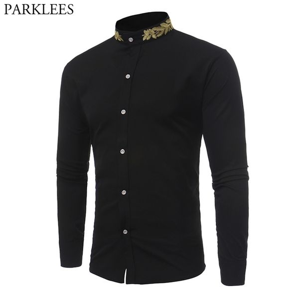 stand collar men shirt brand gold embroidery men shirt long sleeve slim fit cotton male shirts casual mens dress shirts 210331, White;black
stand collar men shirt brand gold embroidery men shirt long sleeve slim fit cotton male shirts casual mens dress shirts 210331, White;black