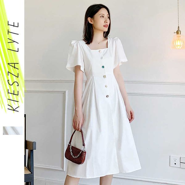 french square neck dress summer women color button split a line white dresses fairy robe 210608, Black;gray
french square neck dress summer women color button split a line white dresses fairy robe 210608, Black;gray