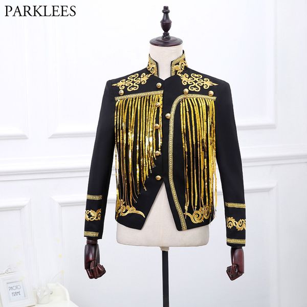 men's gold sequin tassel black blazer jacket brand stand collar embroidery suit blazer men prom stage wedding costume homme 220809, White;black
men's gold sequin tassel black blazer jacket brand stand collar embroidery suit blazer men prom stage wedding costume homme 220809, White;black