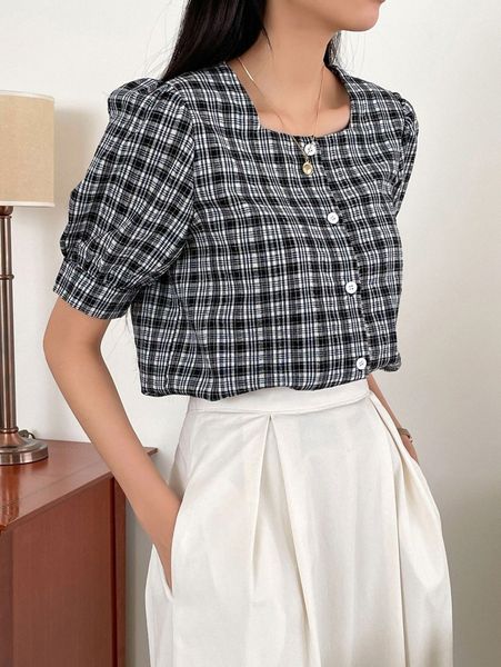dazy plaid puff sleeve crop blouse p1sb#, White