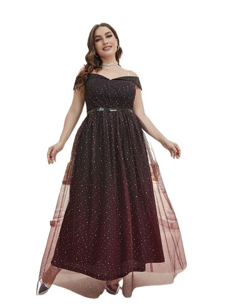 plus transparent strap sequin decor mesh formal dress 02p6#, Black 
plus transparent strap sequin decor mesh formal dress 02p6#, Black
