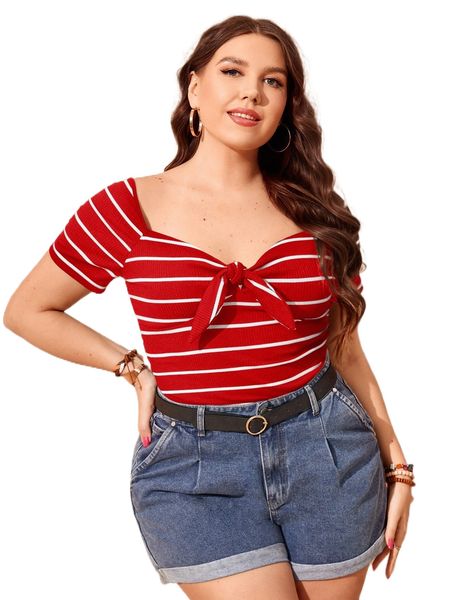 plus striped knot front sweetheart neckline tee q7mm#, Black
plus striped knot front sweetheart neckline tee q7mm#, Black