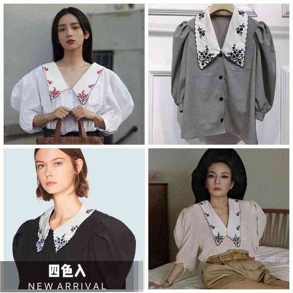 women's polos spring and summer floret embroidery lapel bubble sleeve short shirt french court style three colors, White
women's polos spring and summer floret embroidery lapel bubble sleeve short shirt french court style three colors, White