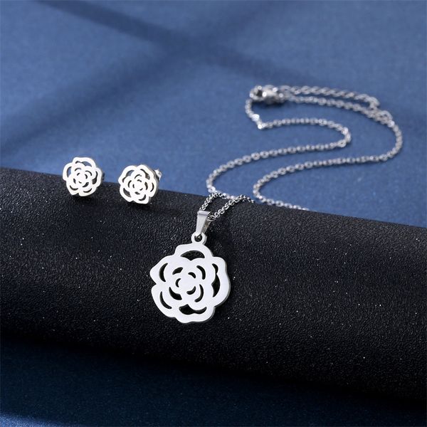 stainless steel camellia necklace stud earrings set women's new clavicle chain geometric petals popular accessories holiday gift, Silver
stainless steel camellia necklace stud earrings set women's new clavicle chain geometric petals popular accessories holiday gift, Silver