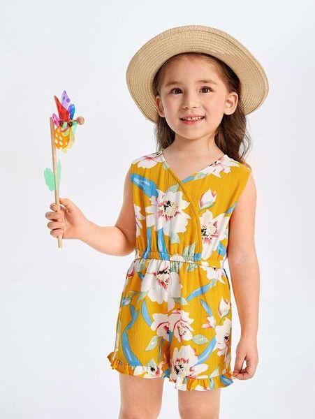 toddler girls floral print surplice neck ruffle hem romper she, Blue