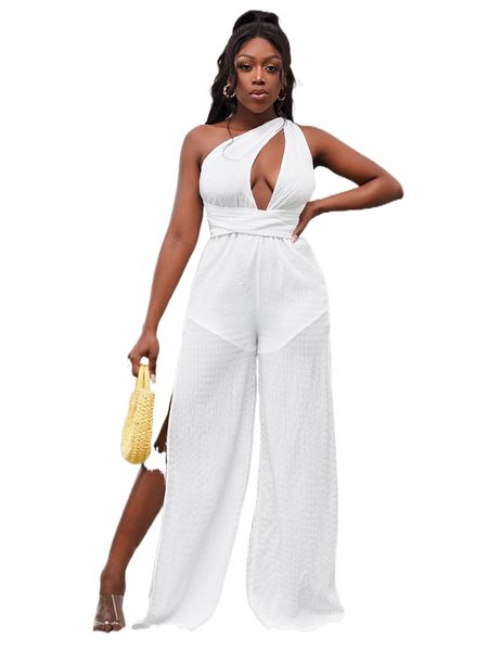 sxy cut out one shoulder tie back slit thigh jumpsuit e7ga#, Black;white 
sxy cut out one shoulder tie back slit thigh jumpsuit e7ga#, Black;white