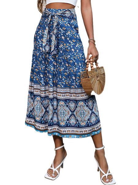 high waist floral & graphic print tie front skirt a6rr#, Black