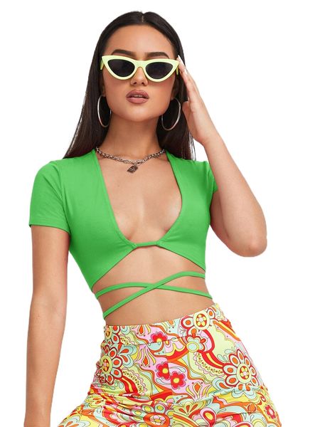 plunging neck crisscross tie back crop y2u5#, White 
plunging neck crisscross tie back crop y2u5#, White