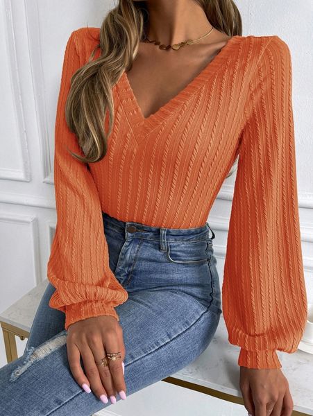 solid lantern sleeve v neck rib-knit tee 119v#, White