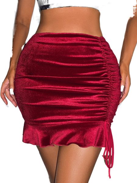 sxy drawstring ruffle hem velvet bodycon skirt 35w8#, Black 
sxy drawstring ruffle hem velvet bodycon skirt 35w8#, Black