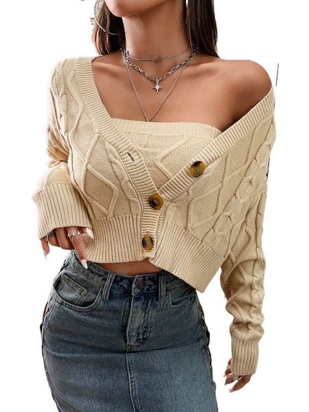 drop shoulder cable knit cardigan & crop tube knit a63g#, White;black 
drop shoulder cable knit cardigan & crop tube knit a63g#, White;black