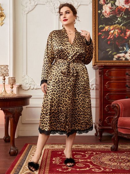 plus leopard contrast lace belted satin sleep robe & cami nightdress o1hl#, Black;white
plus leopard contrast lace belted satin sleep robe & cami nightdress o1hl#, Black;white