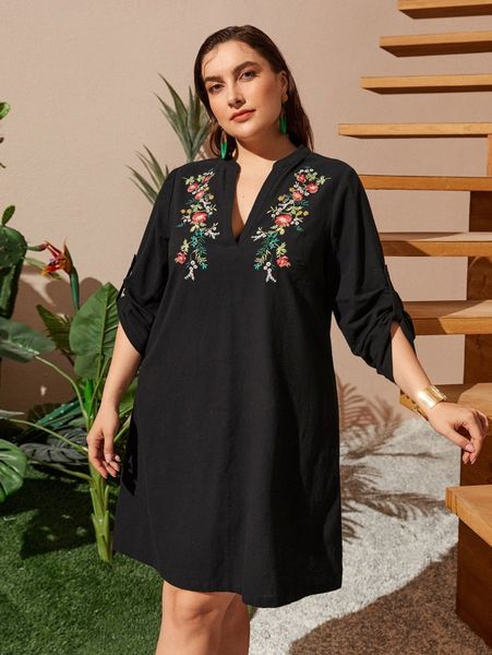 plus floral embroidery roll up sleeve dress w0qs#, Black