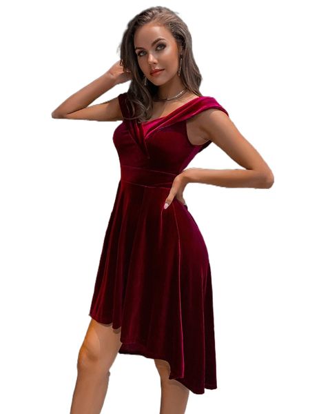kate kasin high low hem velvet fit & flare dress i9x3#, Black;gray
