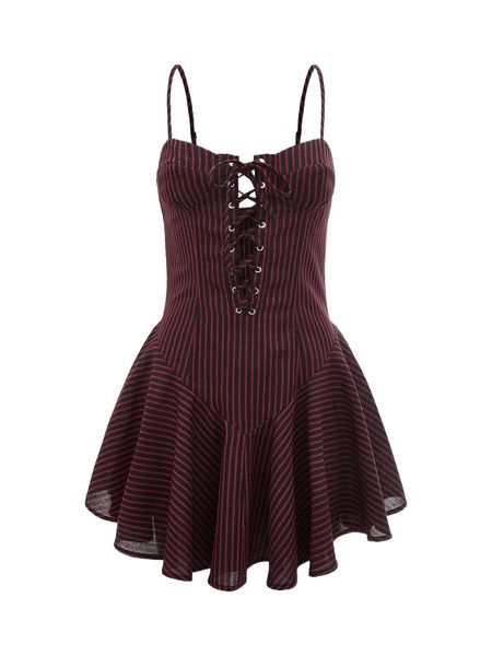 striped lace up front ruffle hem cami dress 78gu#, Black;gray