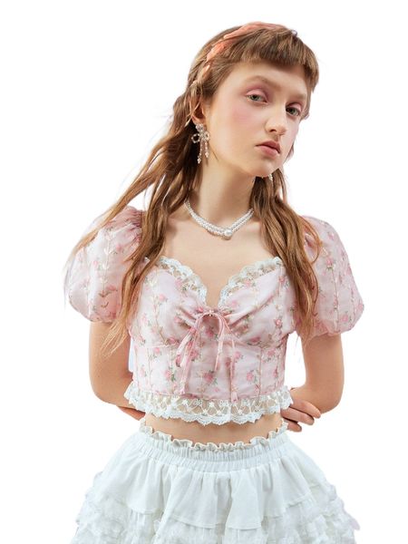 mod floral print puff sleeve tie front contrast lace sweetheart neck blouse o5oa#, White
mod floral print puff sleeve tie front contrast lace sweetheart neck blouse o5oa#, White